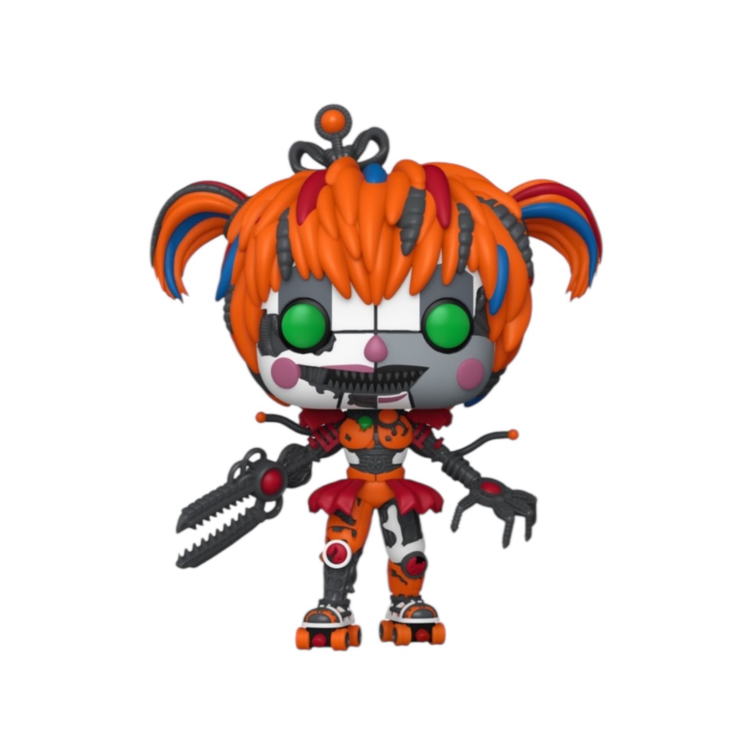 Colorful toy figure with orange hair and green eyes on a white background