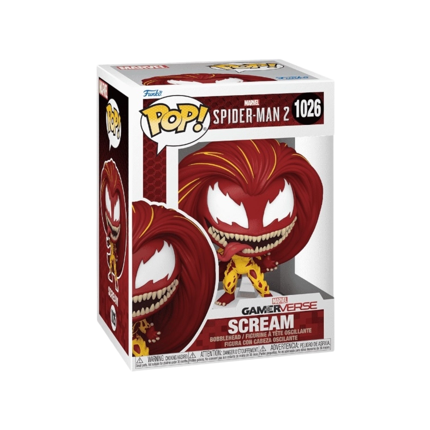 Funko Pop figure of Scream from Spider-Man 2, featuring a colorful design and a dynamic pose.