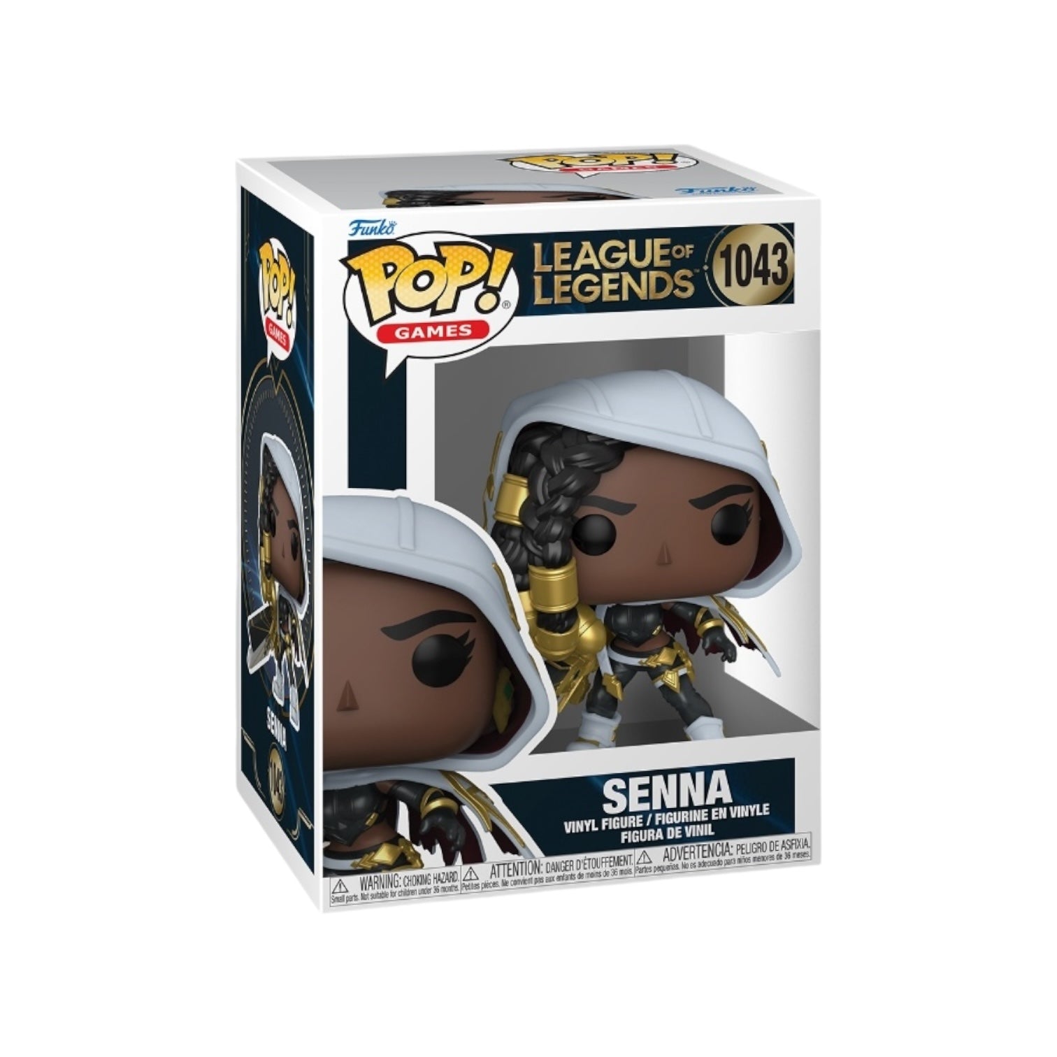 Funko Pop! figure of Senna #1043 from League of Legends, featuring her signature outfit and glowing weapon.
