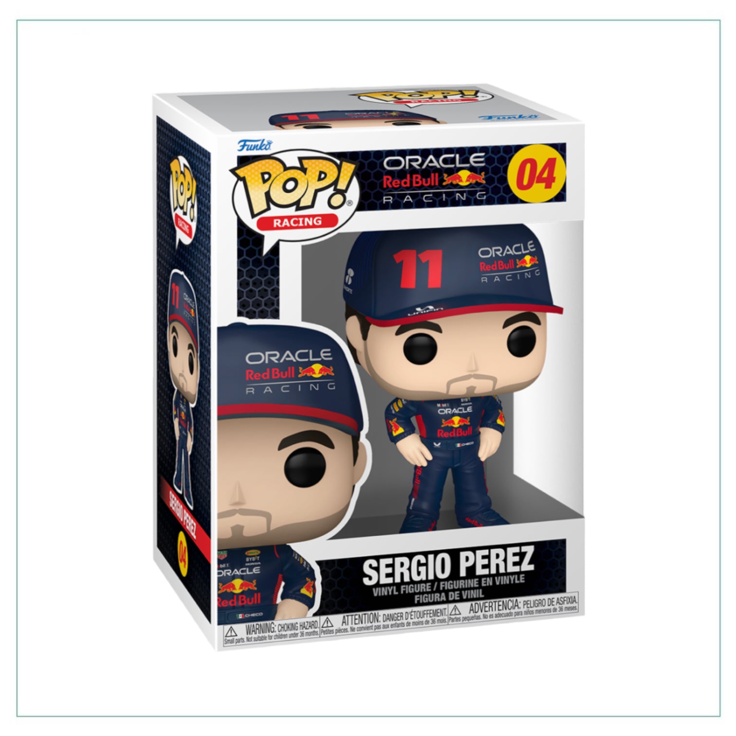 Funko Pop! figure of Sergio Perez #04, representing Red Bull Racing, showcasing vibrant colors and detailed design.