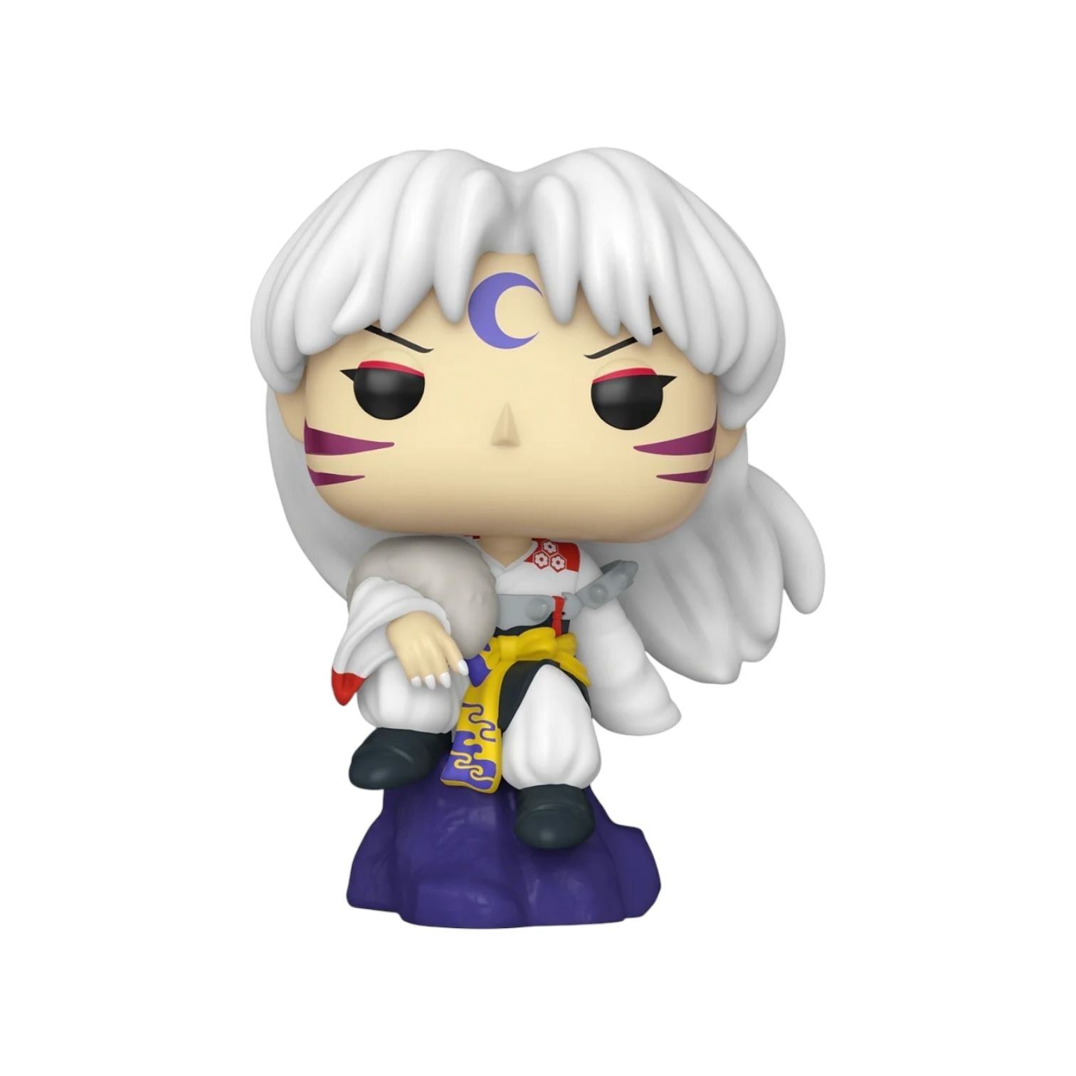 Sesshomaru in a white combat suit with black detail with a purple moon on his fore head sitting on a purple rock