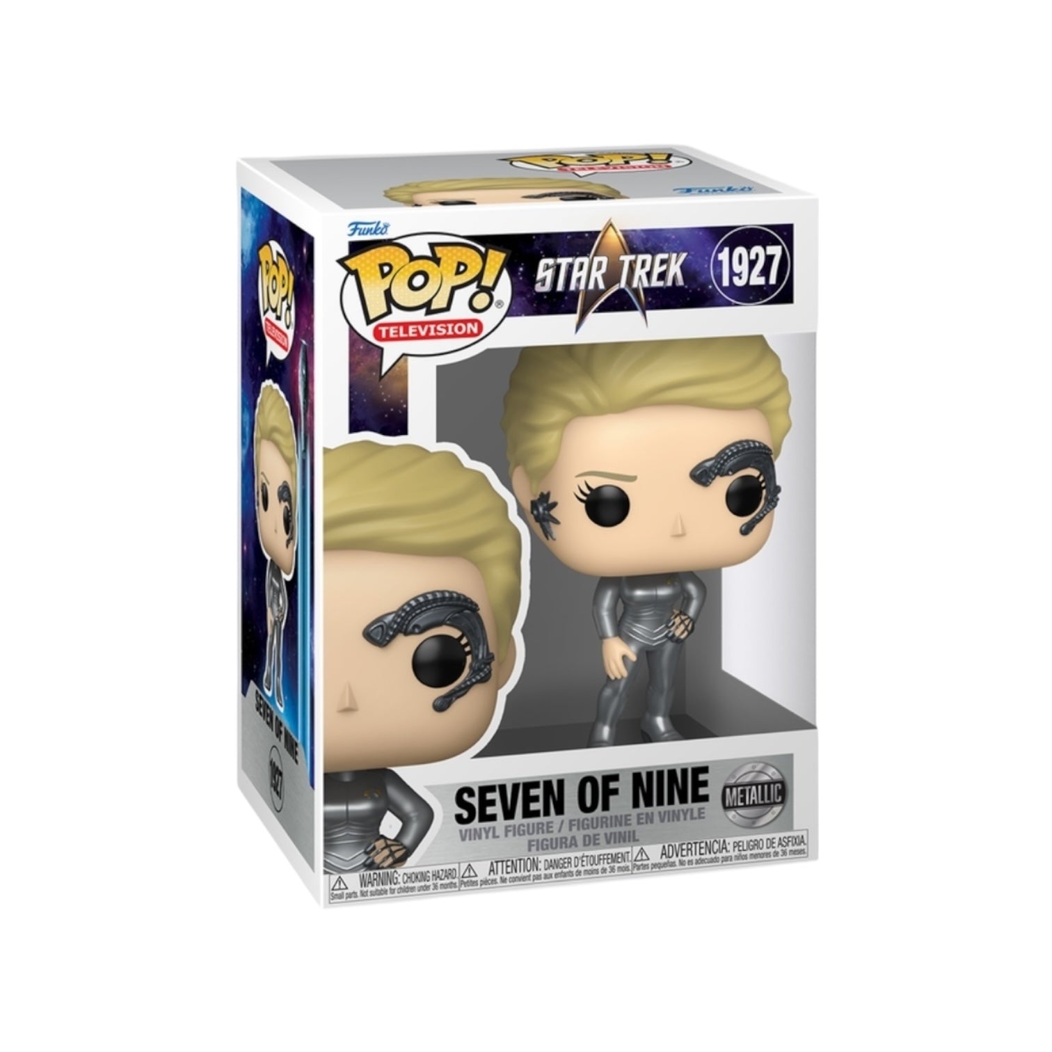 Seven of Nine in metallic silver outfit in packaging on white background