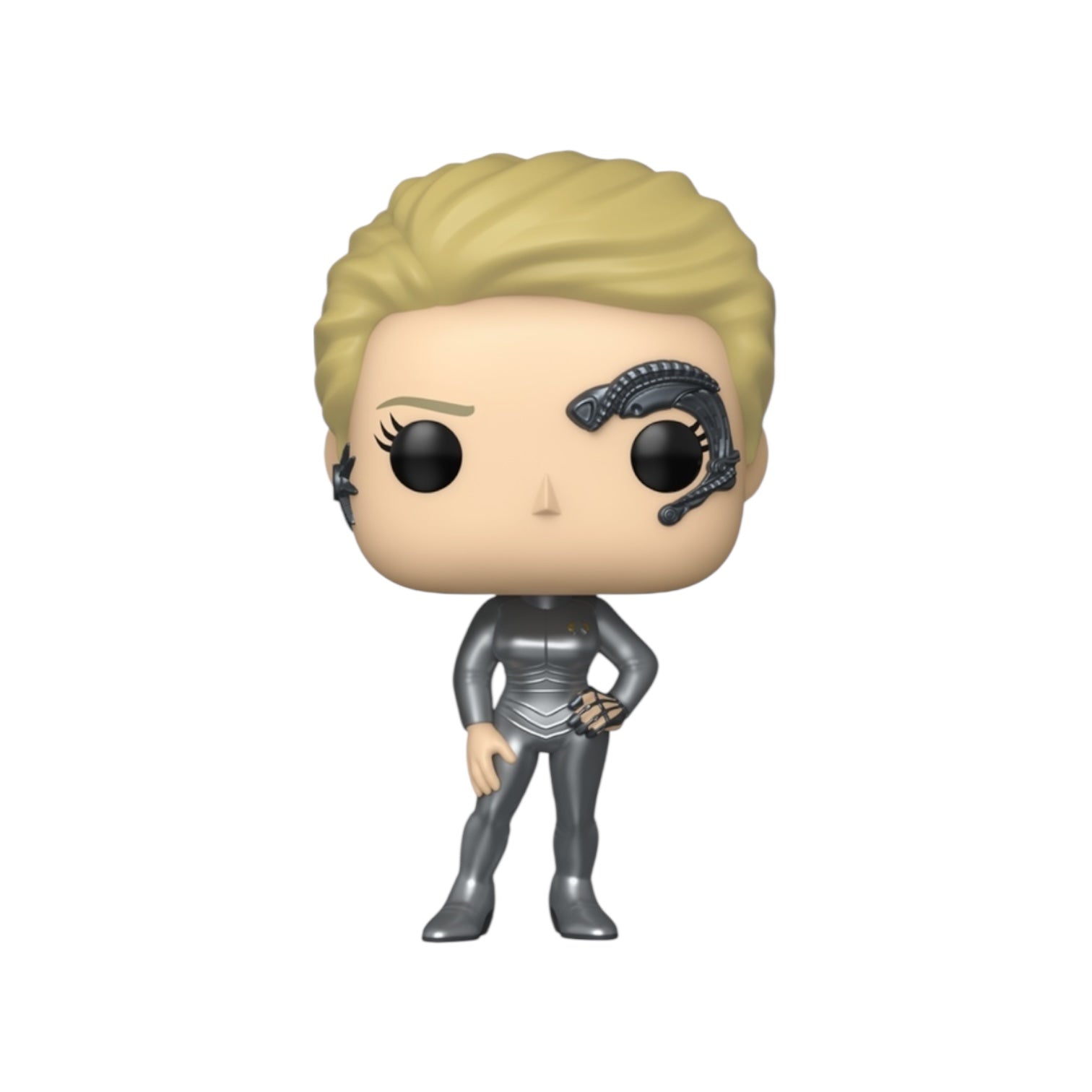 Seven of Nine in metallic silver outfit out of packaging on white background