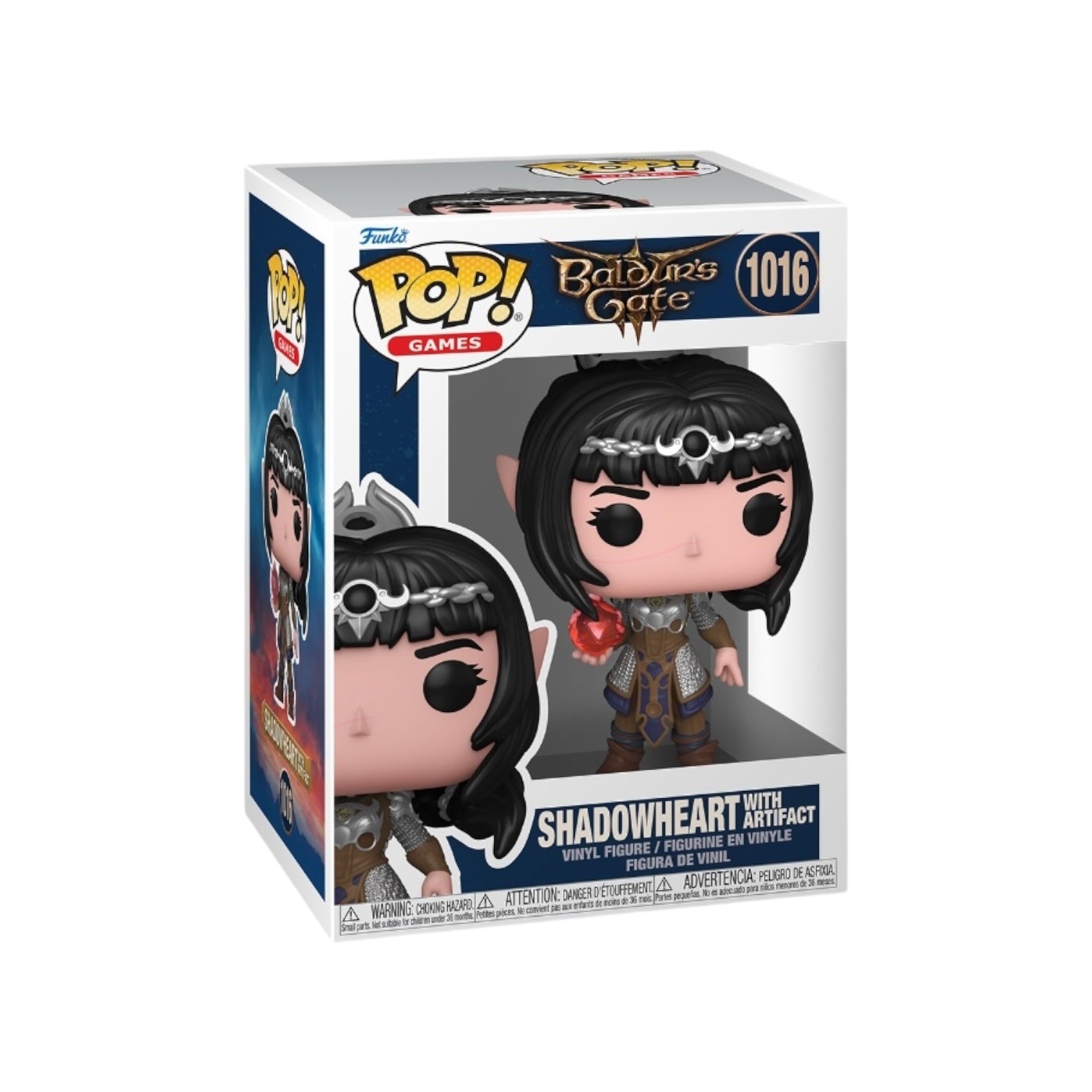 Shadowheart Funko Pop #1016, featuring the character with her artifact from Baldur's Gate, stands in a collectible box.