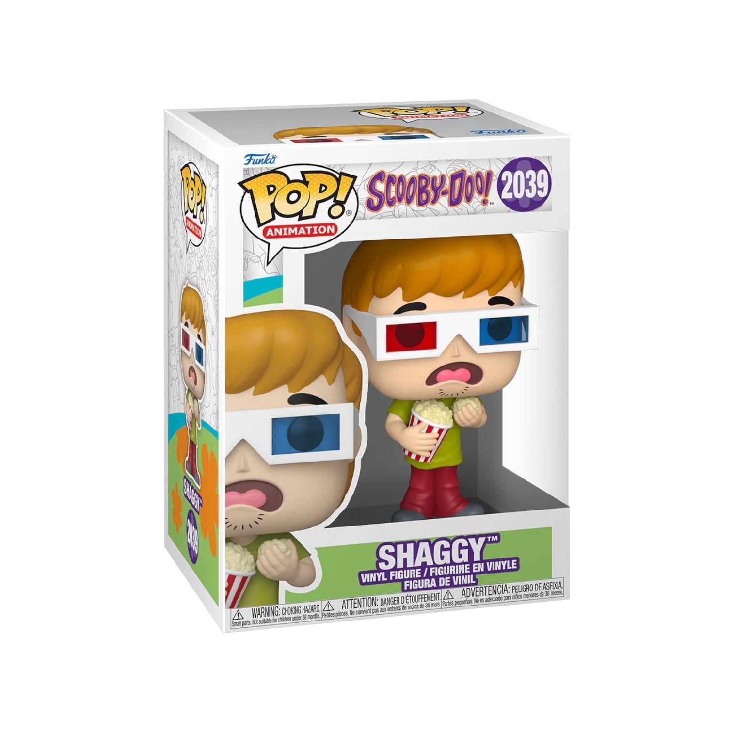 Funko Pop! vinyl figure packaging featuring Shaggy from Scooby-Doo with 3D glasses and popcorn.