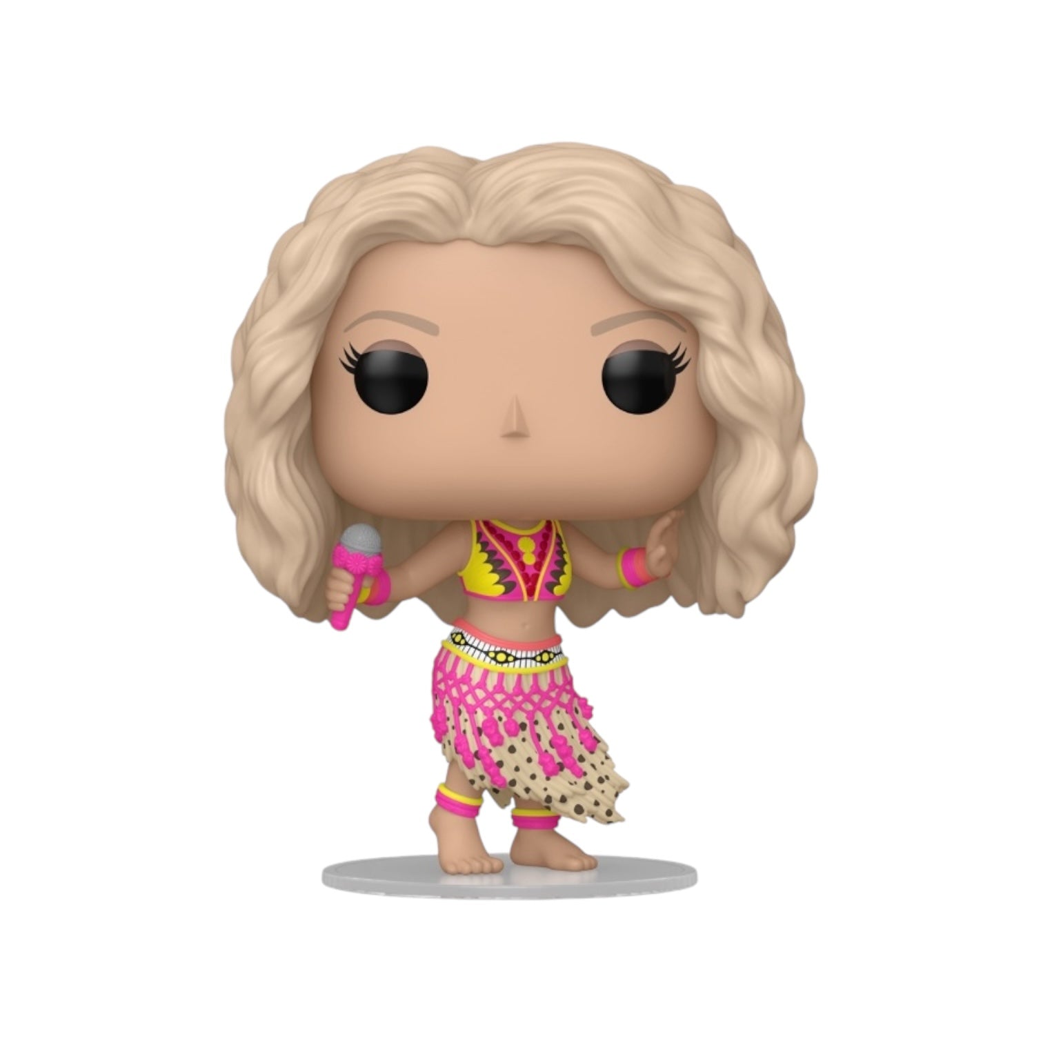 A pop vinyl figure of a blonde woman in a pink skirt, styled like Shakira in her Waka Waka outfit