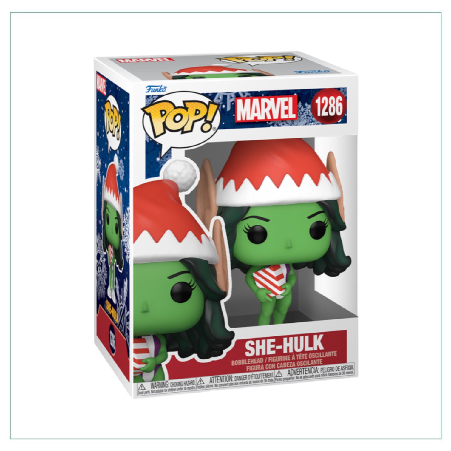 Funko Pop! She-Hulk #1286 in holiday-themed outfit, showcasing a joyful pose, perfect for Marvel fans during the festive season.