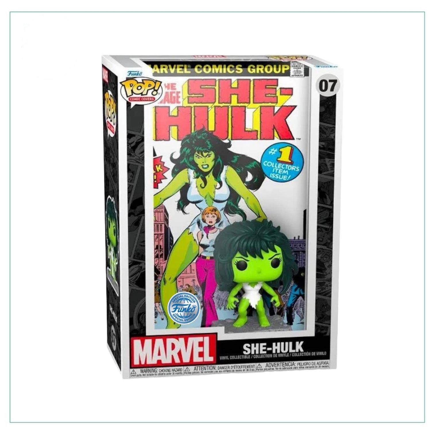 Funko Pop! figure of She Hulk from She Hulk #07 comic, labeled as a special edition collectible.
