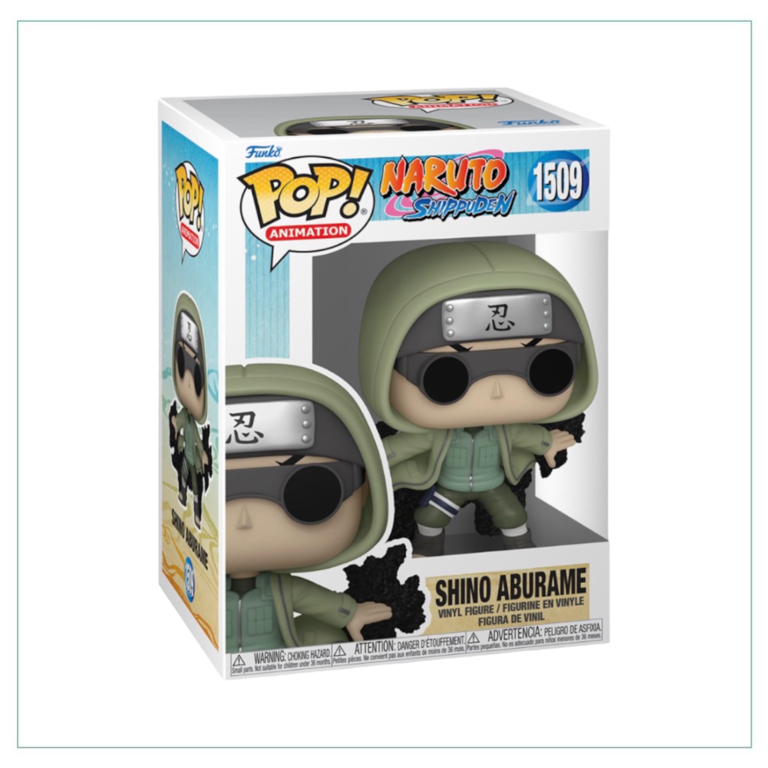 Shino Aburame Funko Pop! figure from Naruto, featuring his signature glasses and bug-themed outfit.