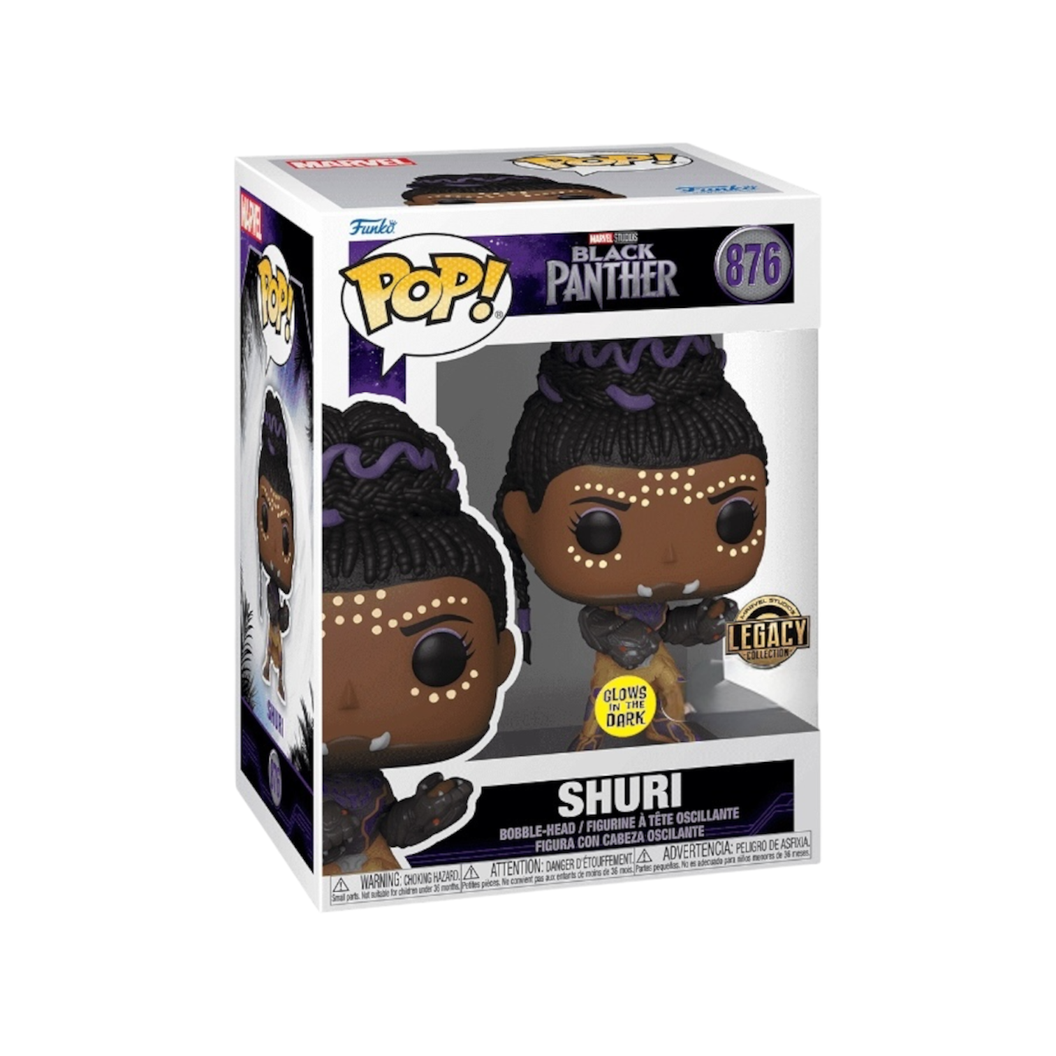 Shuri Funko Pop #876 from Black Panther, featuring a glow-in-the-dark design, showcasing her vibrant costume and confident pose.