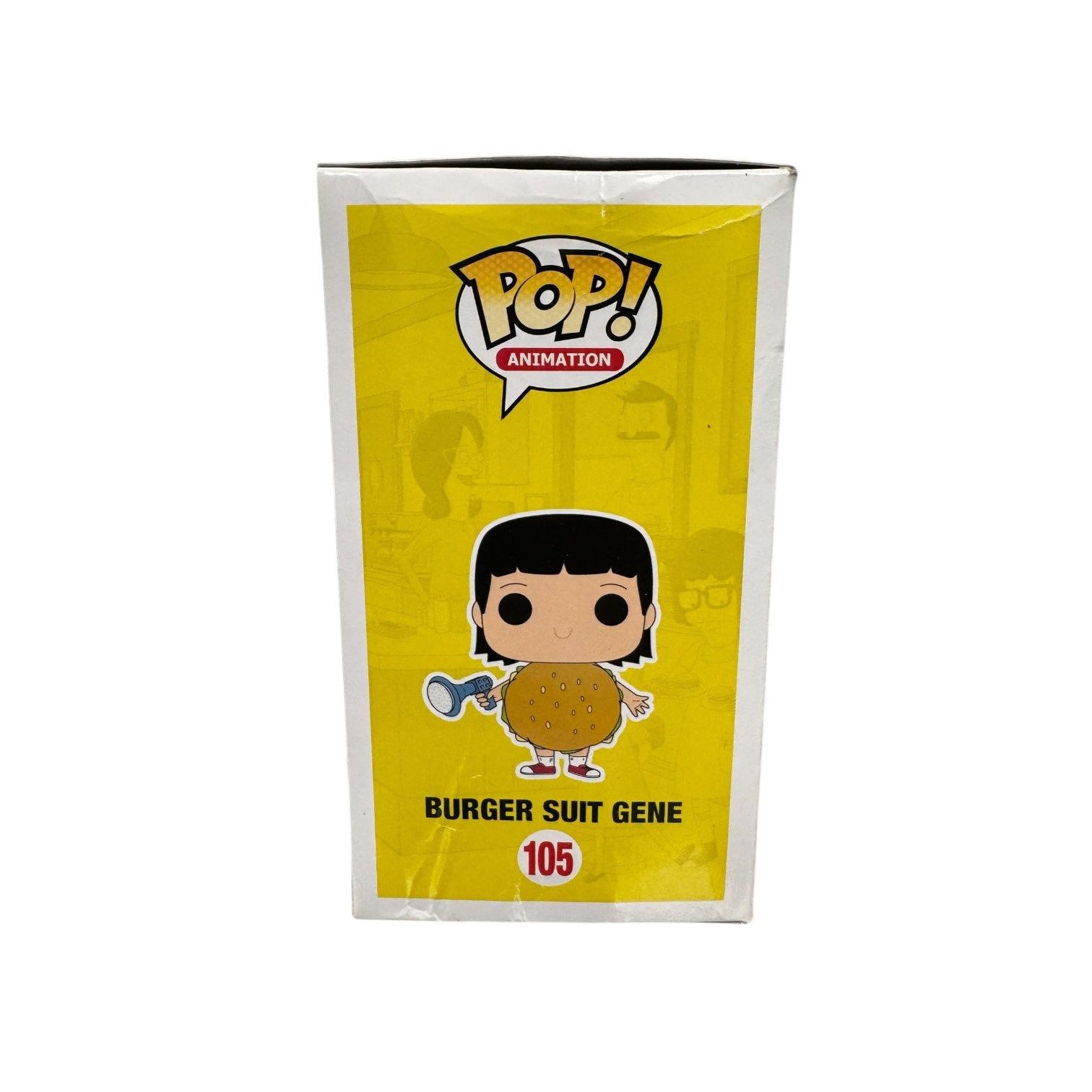 Gene Belcher from Bobs burgers wearing a hamburger costume holding a blue megaphone. Box damage.