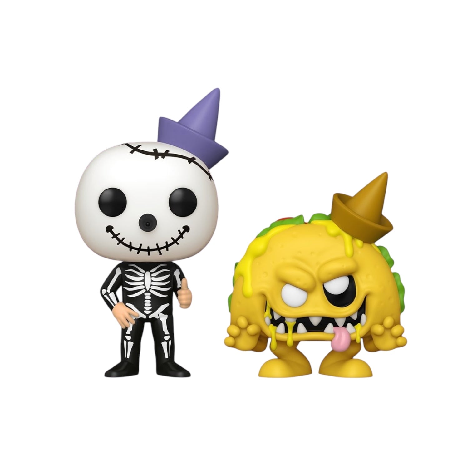 Skeleton with purple hat on and a monster taco