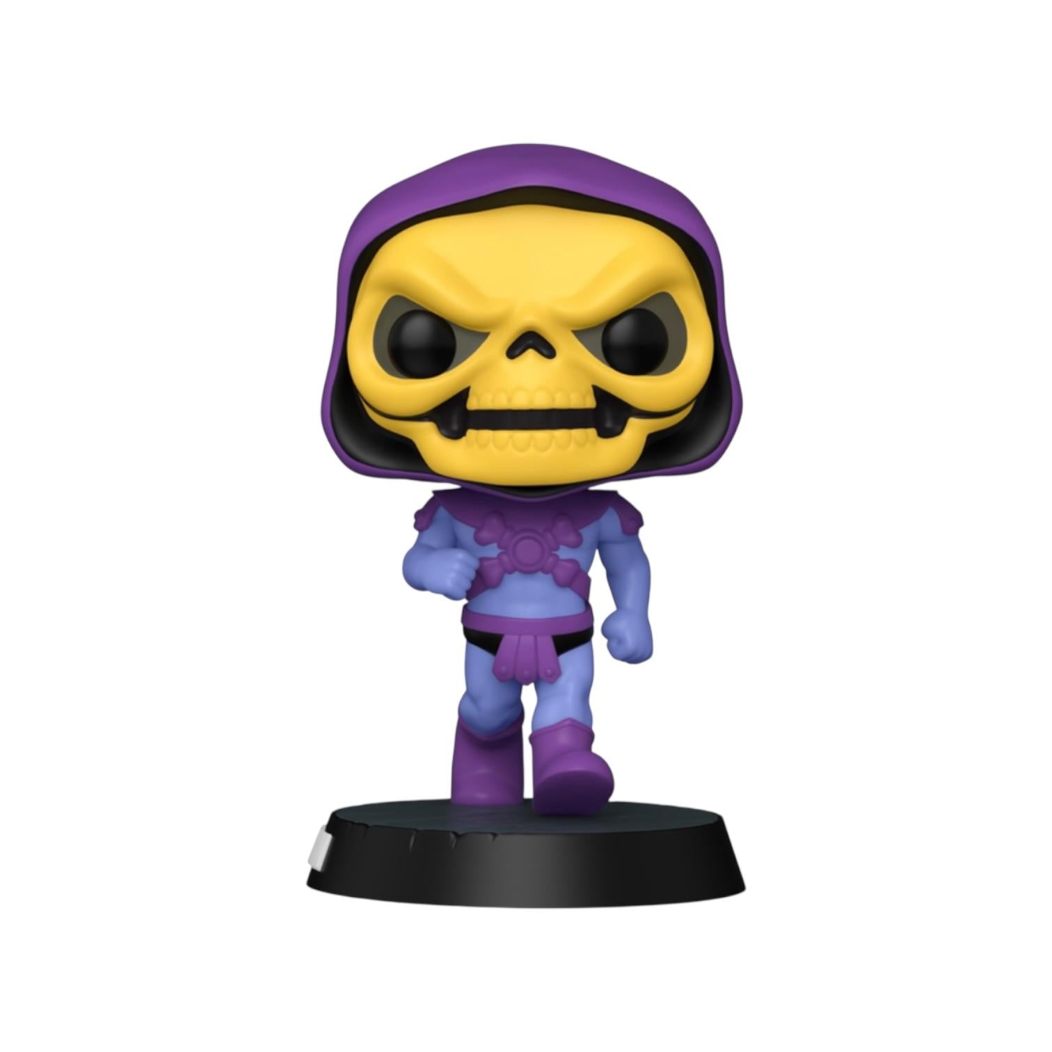 Action figure with a purple hood and yellow face on a white background