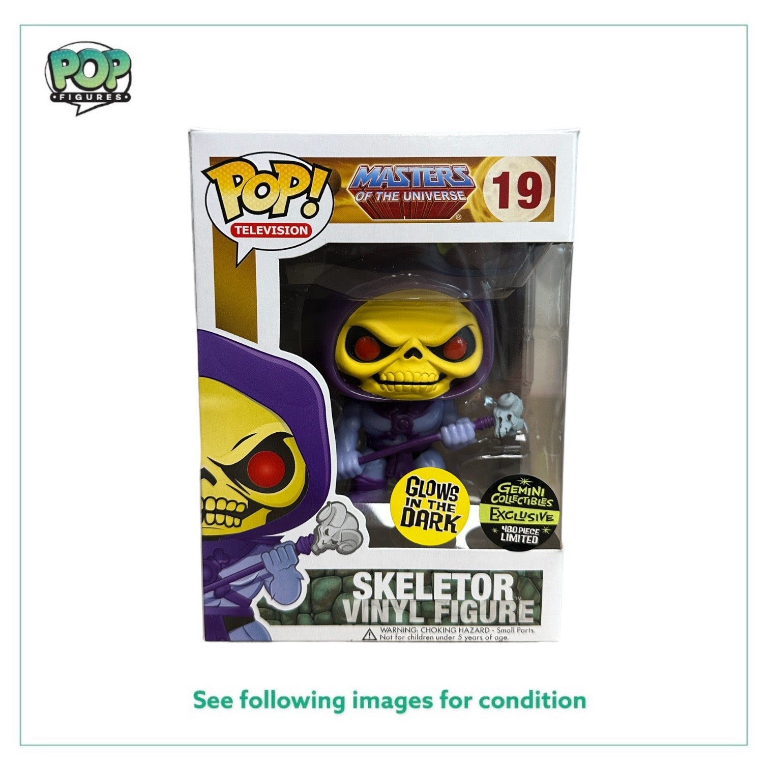 Funko Pop! Skeletor #19 (Glows in the Dark) from Masters of the Universe, exclusive LE480, condition 8.75/10, by Gemini Collectibles.