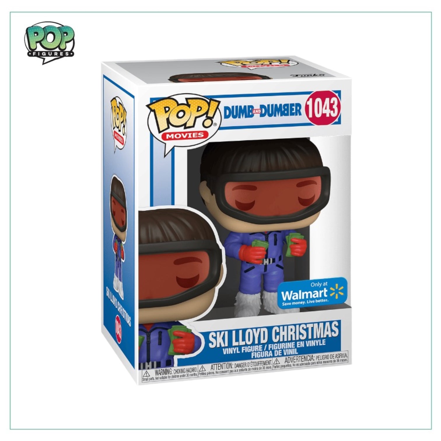 Walmart exclusive Funko Pop! of Lloyd Christmas in ski attire from Dumb & Dumber, capturing his quirky charm.