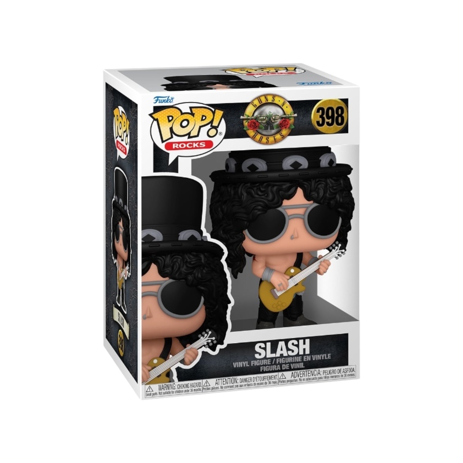 Funko Pop! figure of Slash #398, the legendary Guns N' Roses guitarist, complete with his trademark hat and rockstar attire.