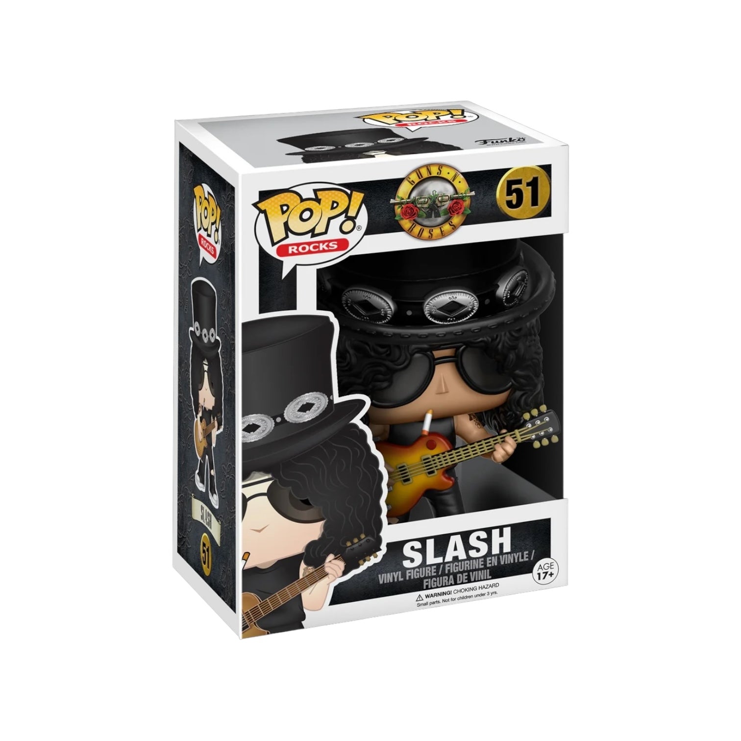Slash #51 Funko Pop! representing the legendary Guns N Roses guitarist, complete with his classic attire and guitar.