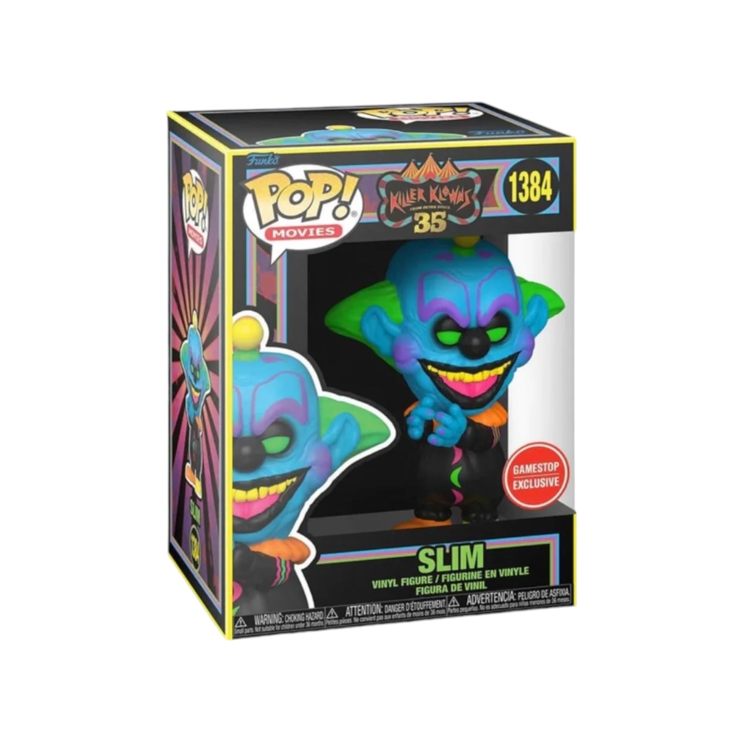 Gamestop exclusive Slim #1384 Funko Pop! from Killer Klowns from Outer Space, showcasing a striking blacklight design.