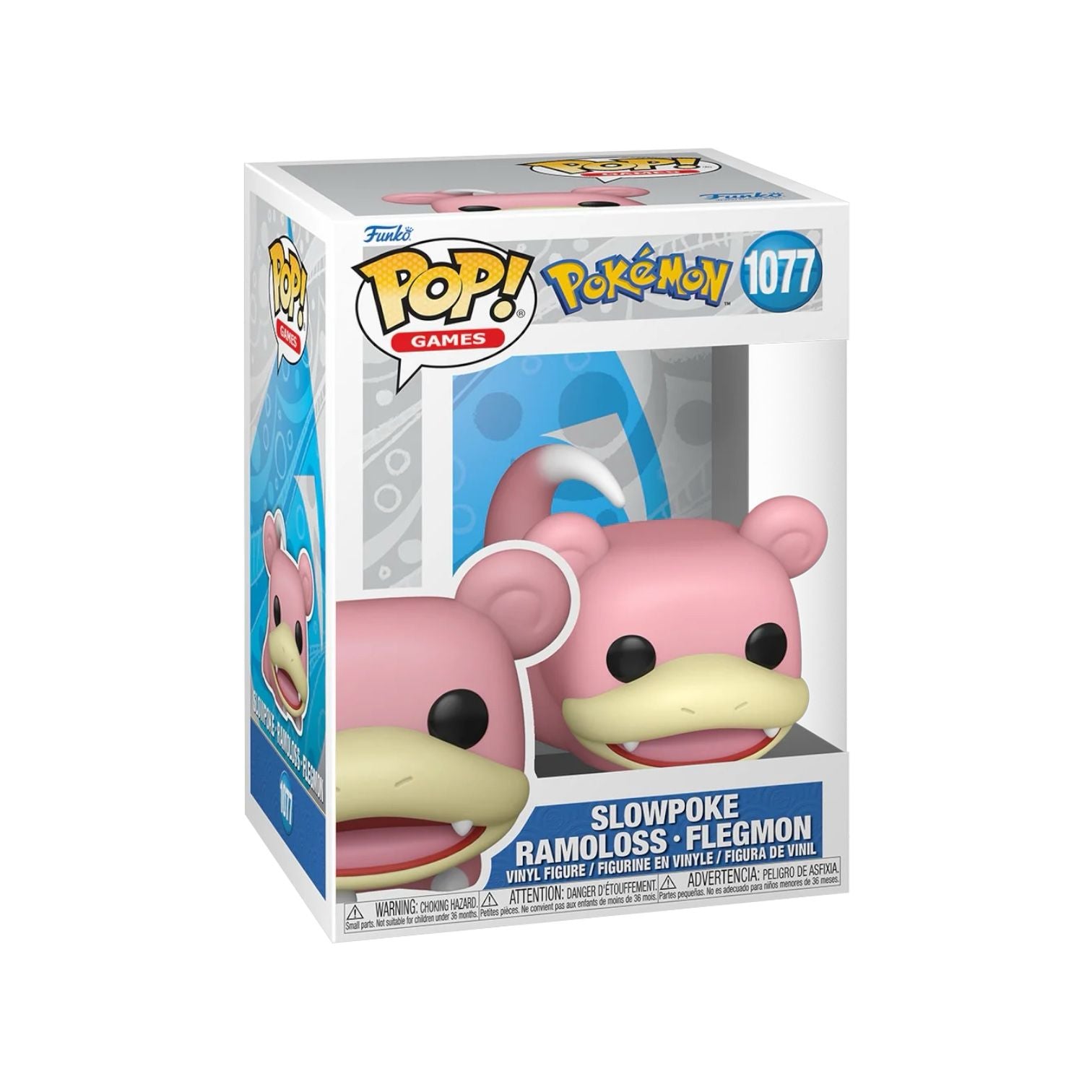 Funko Pop of Slowpoke #1077 from Pokemon, featuring the character's signature sleepy expression and pink body.