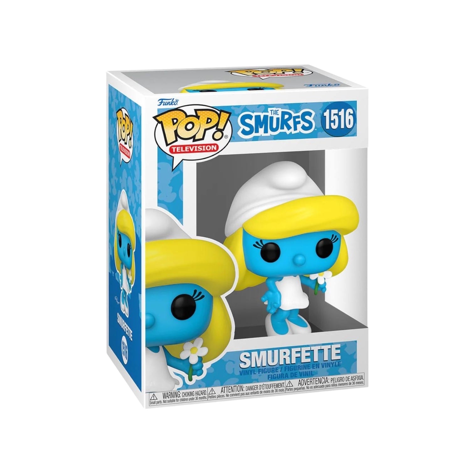 Smurfette #1516 Funko Pop! figure from The Smurfs, featuring her iconic blue color and charming smile in a cute collectible design.