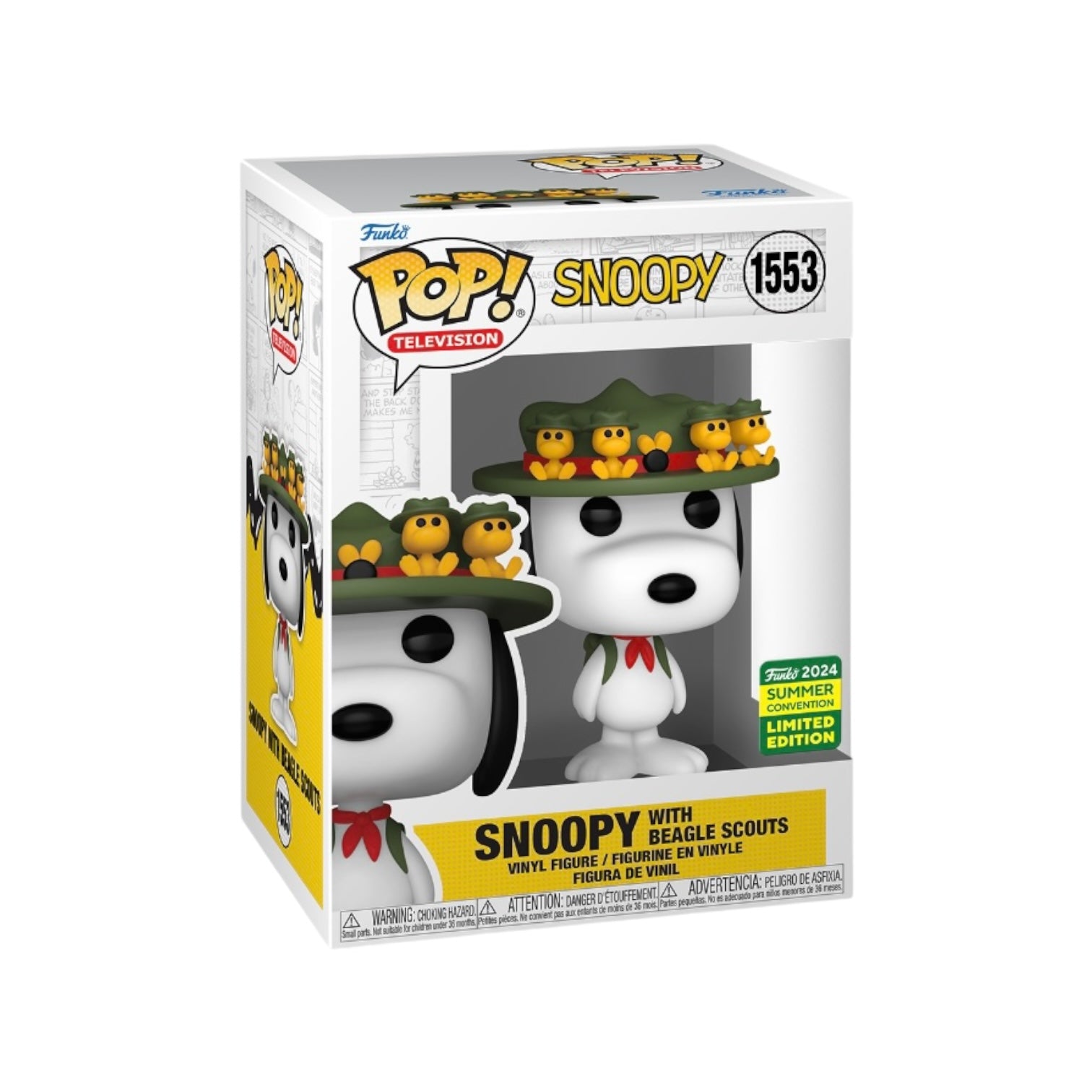 Adorable Funko Pop! of Snoopy dressed as a Beagle Scout, celebrating SDCC 2024 with a fun and collectible design.