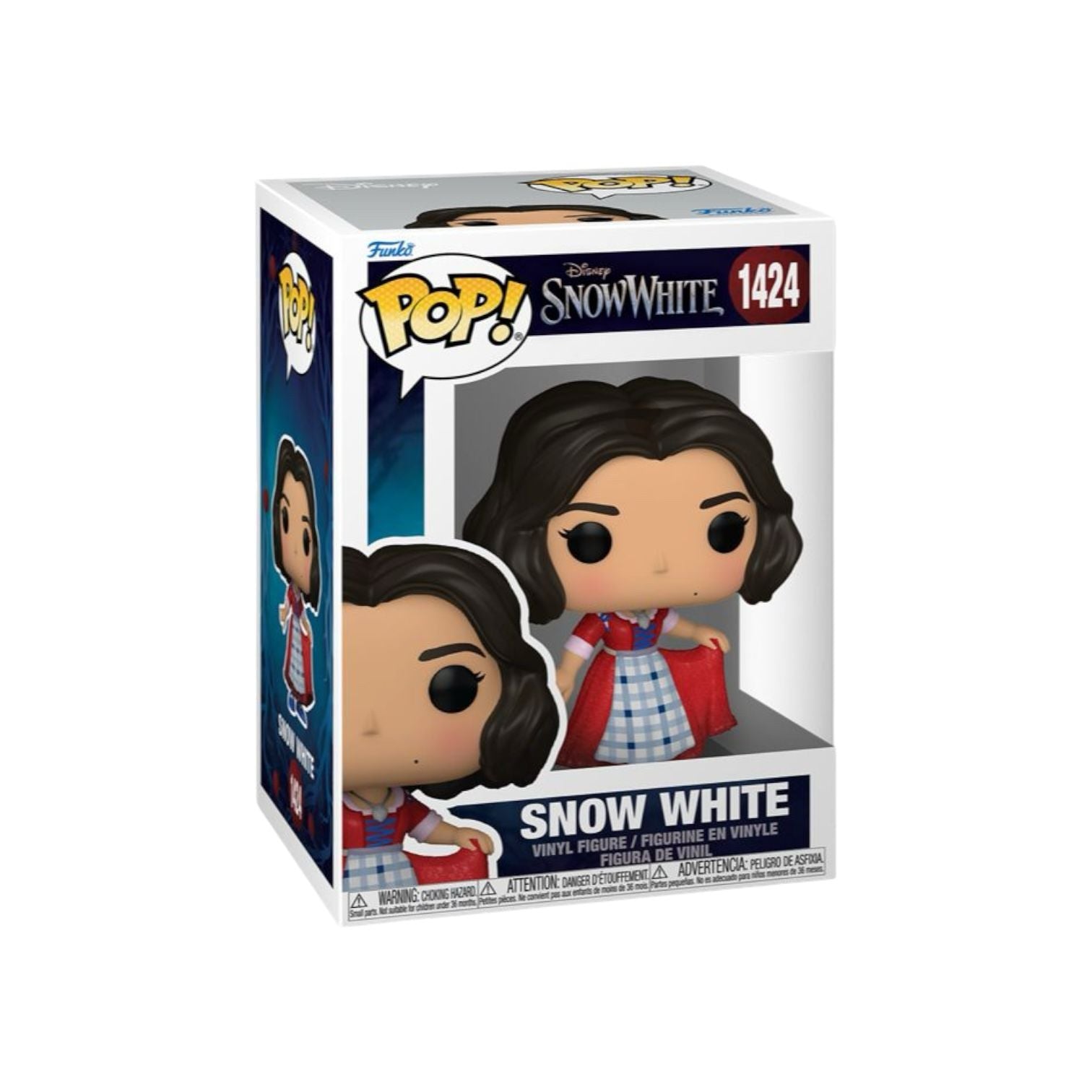 Funko Pop figure of Snow White in a plaid dress from the live-action movie, featuring her signature hairstyle and expression.