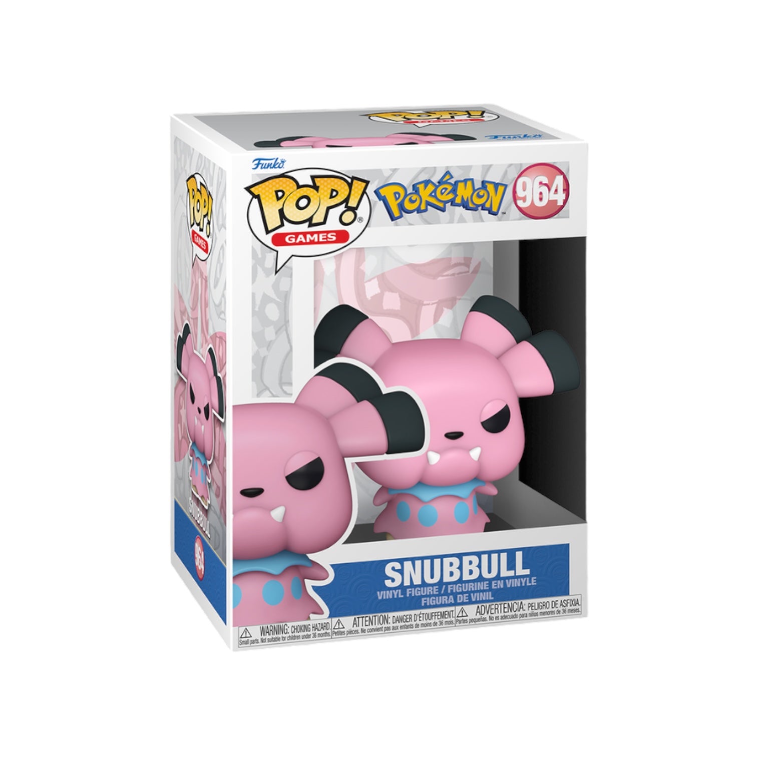 Funko Pop! Snubbull #964, a stylized pink Pokémon figure with a cheerful face and oversized ears, standing on a base.