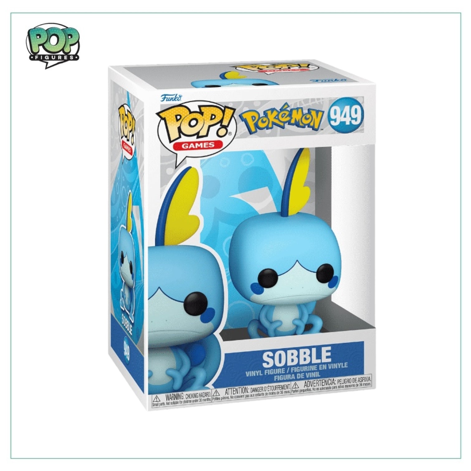 Funko Pop! figure of Sobble, a blue, water-type Pokémon with big eyes and a shy expression, standing on a base.
