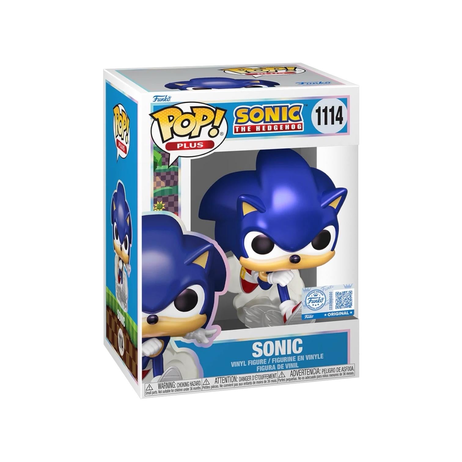 Funko Pop figure of Sonic the Hedgehog, featuring his iconic blue color and red shoes, standing in a dynamic pose.