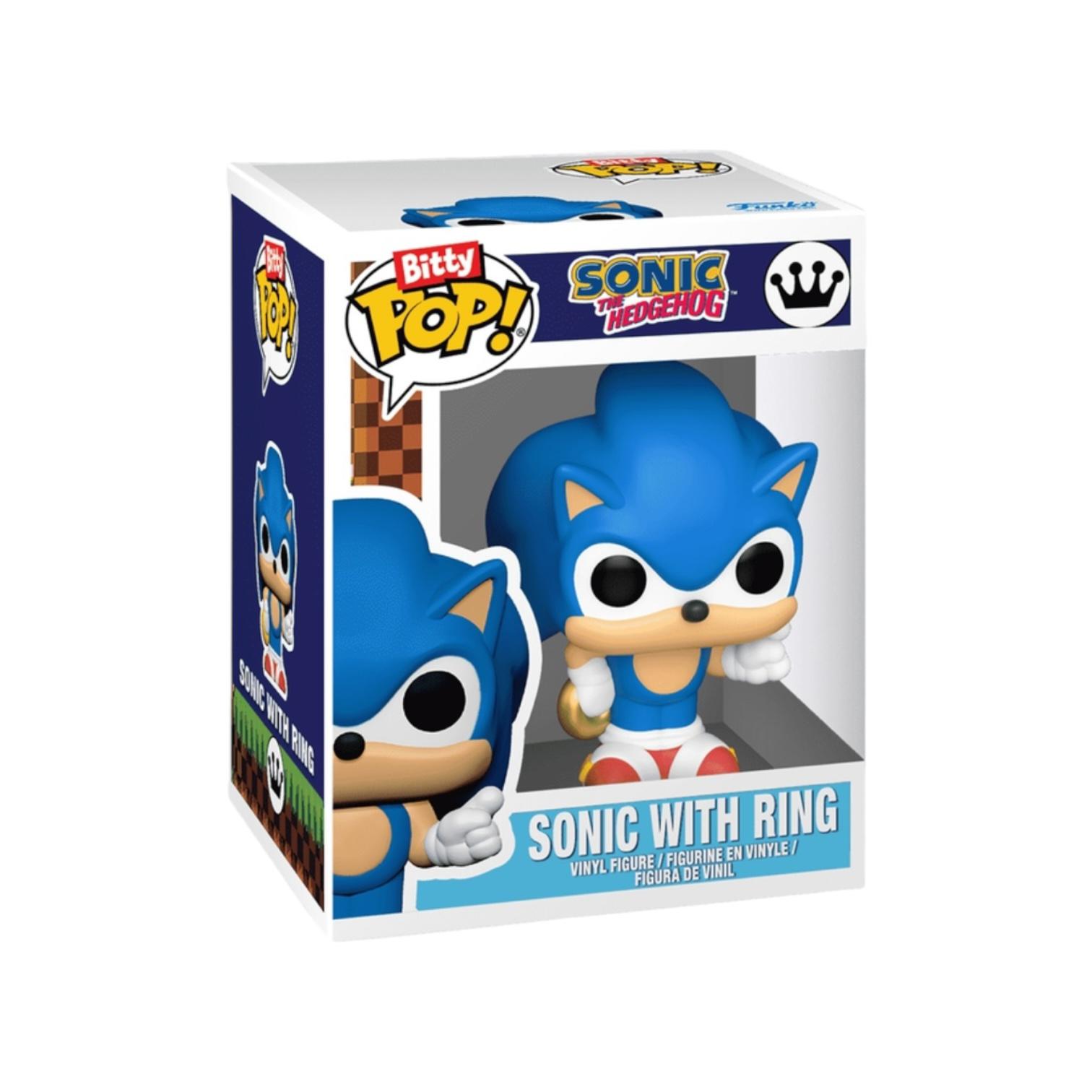 Funko Pop! vinyl figure packaging featuring Sonic the Hedgehog with ring on a white background