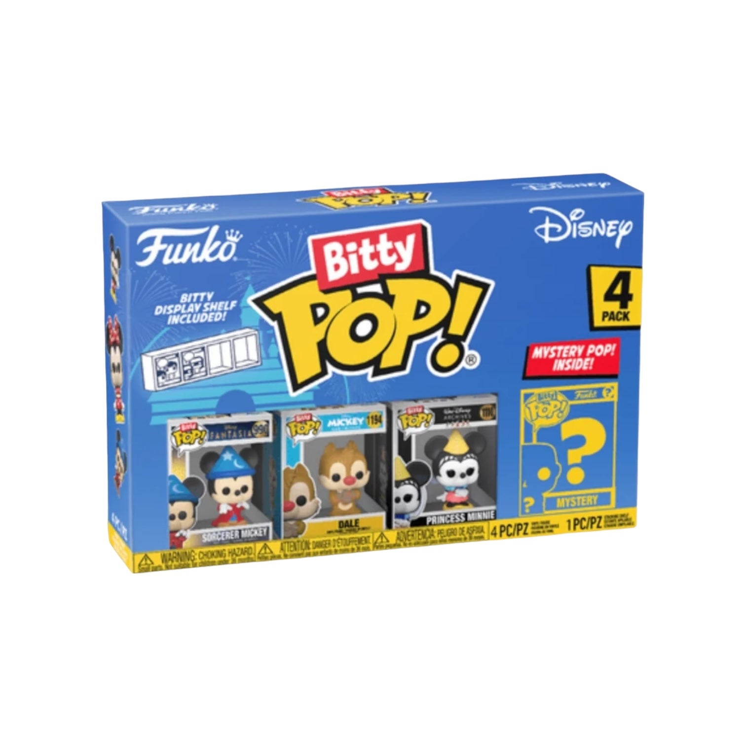 Four-pack of Bitty POP! figures featuring Sorcerer Mickey in various poses and expressions, showcasing Disney magic.