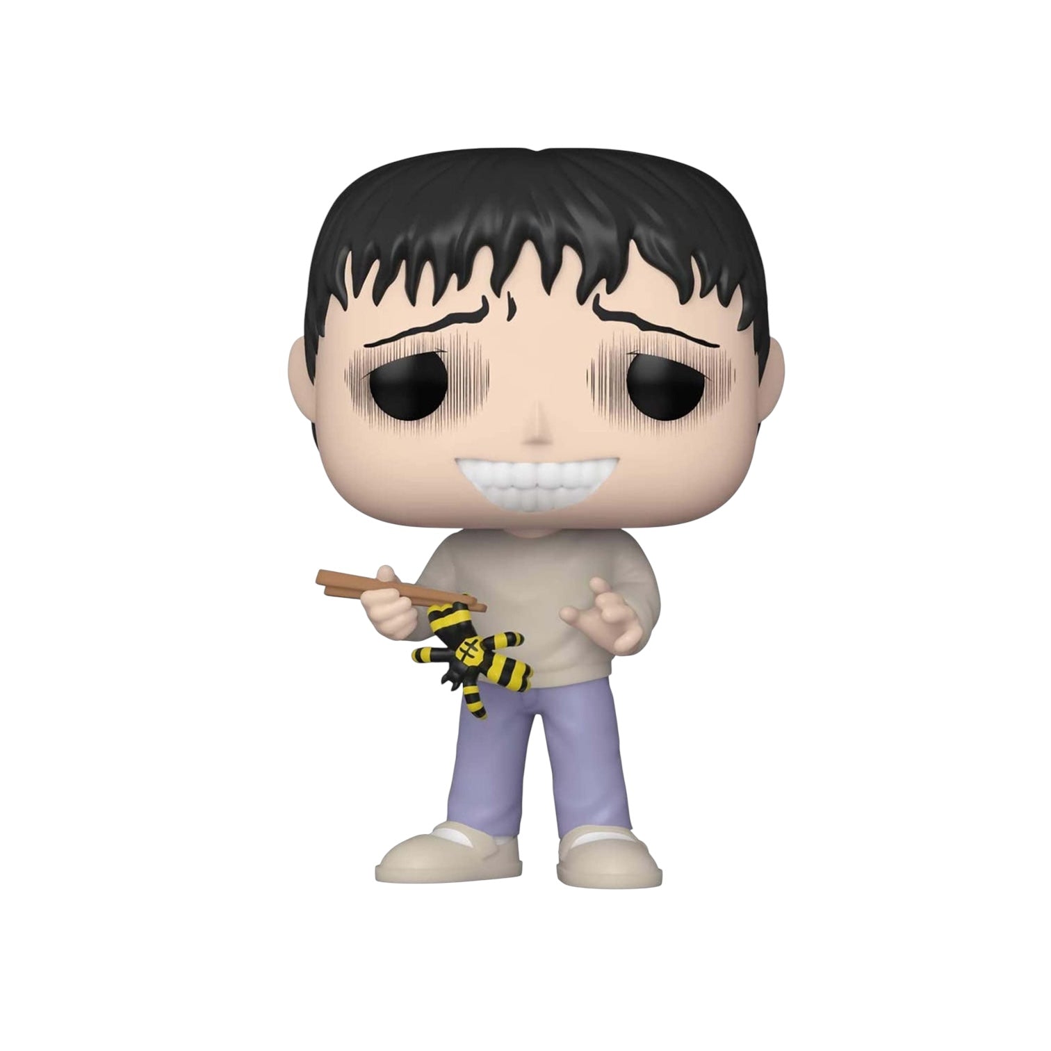 Man standing with chopsticks in his hand pinching a yellow and black spider.