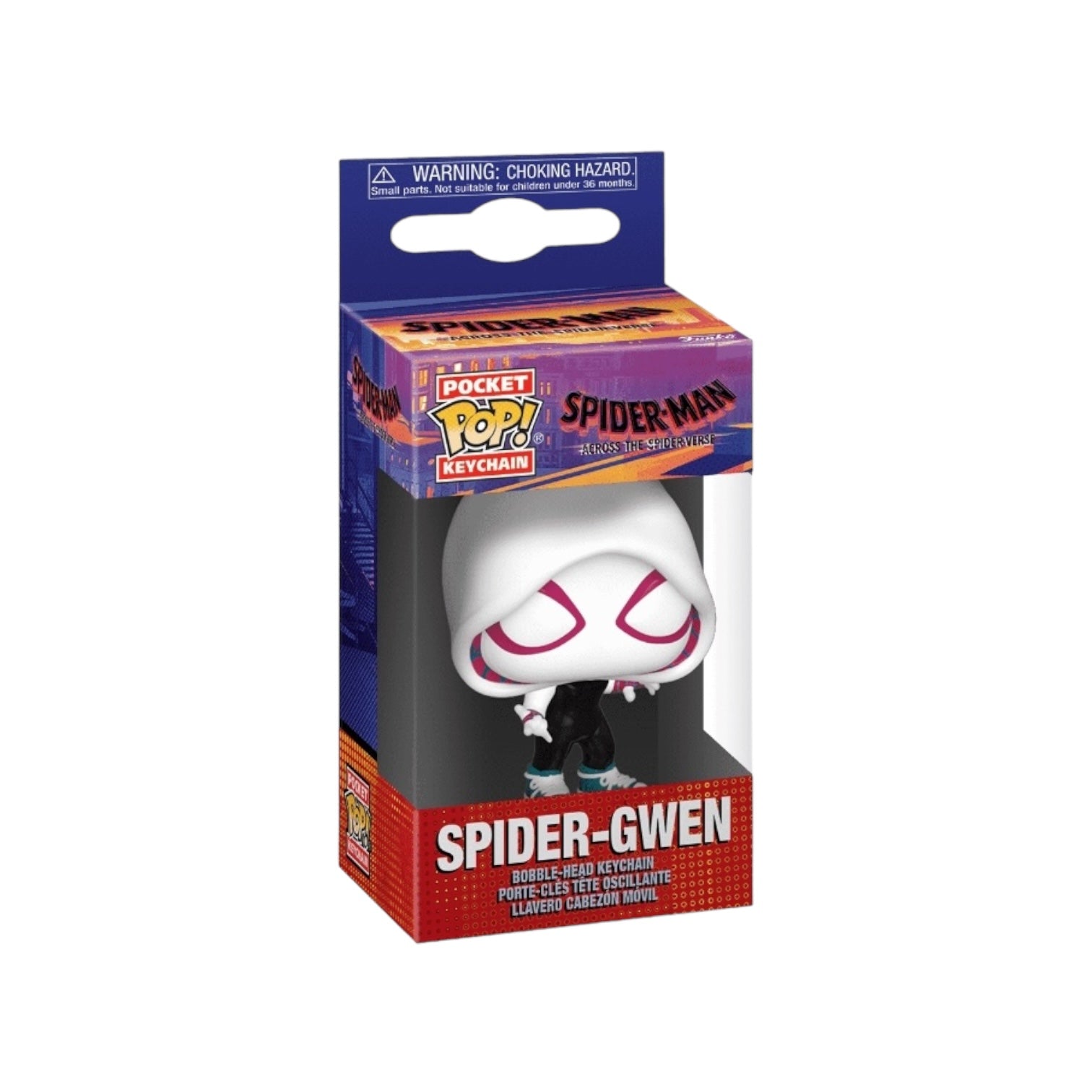 Spider-Gwen Funko Pocket Pop keychain from Spider-Man: Across the Universe, featuring her iconic costume and pose.