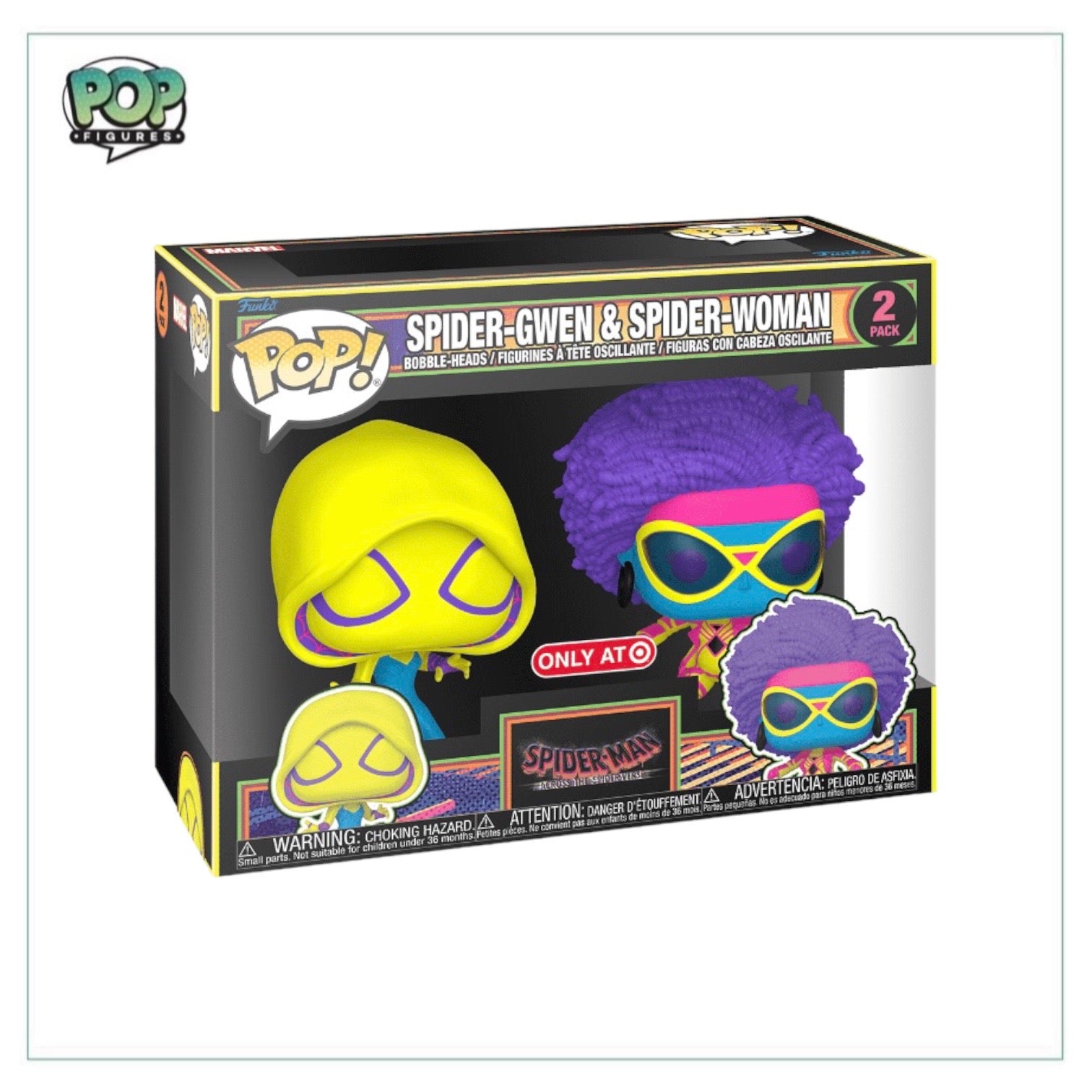 Funko Pop! 2-pack featuring Spider-Gwen and Spider-Woman in black light design, exclusive to Target from Spider-Verse.