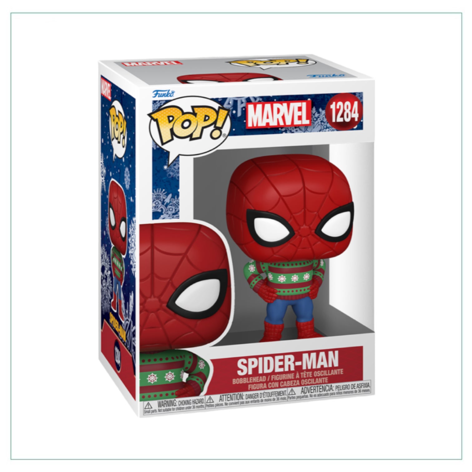 Spider-Man #1284 Funko Pop! figure dressed in a festive holiday outfit, showcasing Marvel's playful holiday spirit.