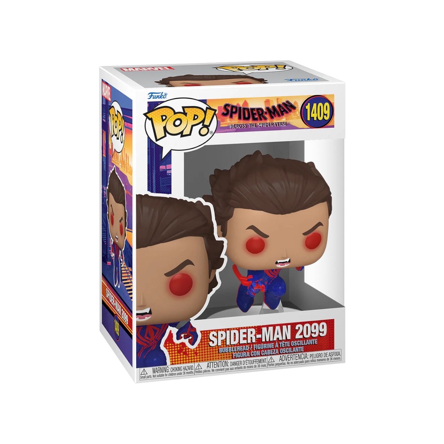 Spider-Man 2099 Funko Pop! collectible from Spider-Man: Across The Spider-Verse, showcasing detailed design and bold colors.