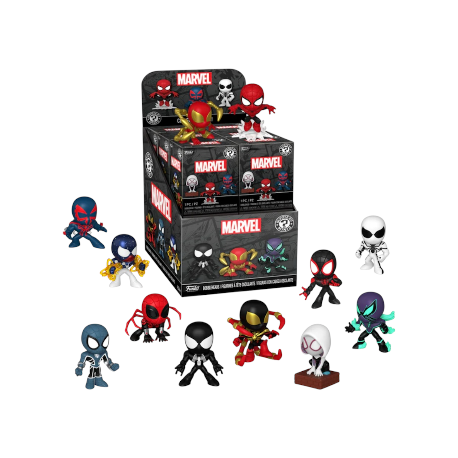 A collection of Spider-Man Funko Mystery Minis figures, showcasing various characters in vibrant colors and playful designs.