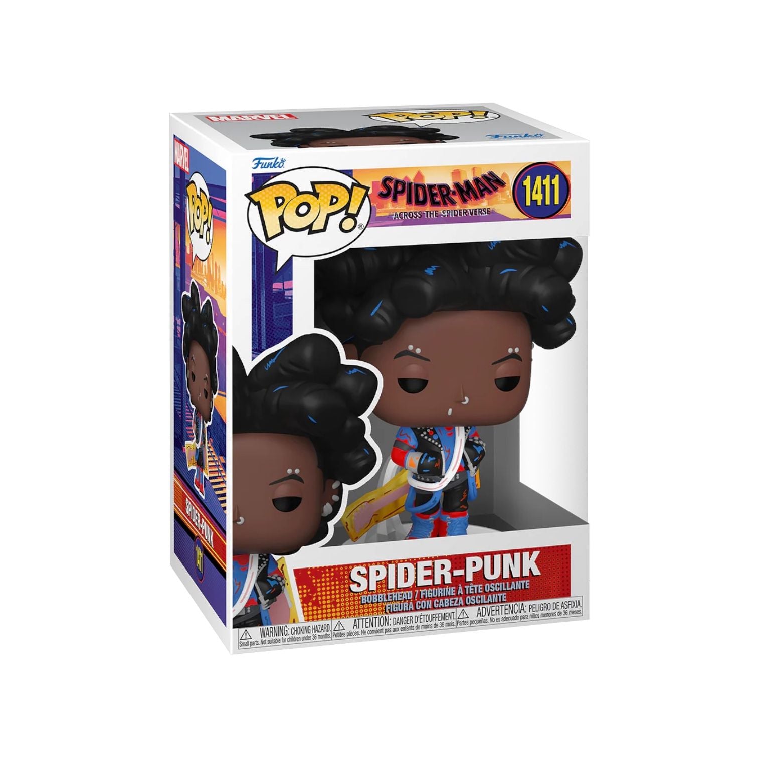 Funko Pop! figure of Spider-Punk from Spider-Man: Across The Spider-Verse, featuring vibrant colors and punk-inspired design.