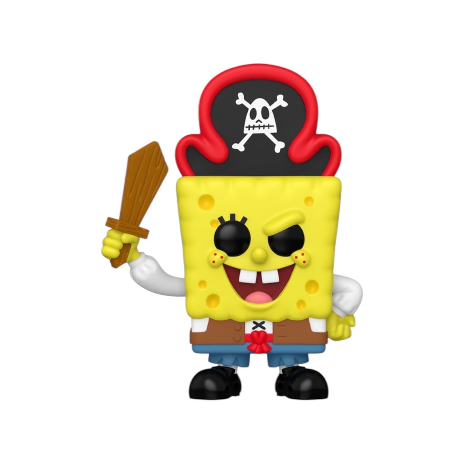 Pirate-themed figurine of a yellow sponge character with a sword on a white background