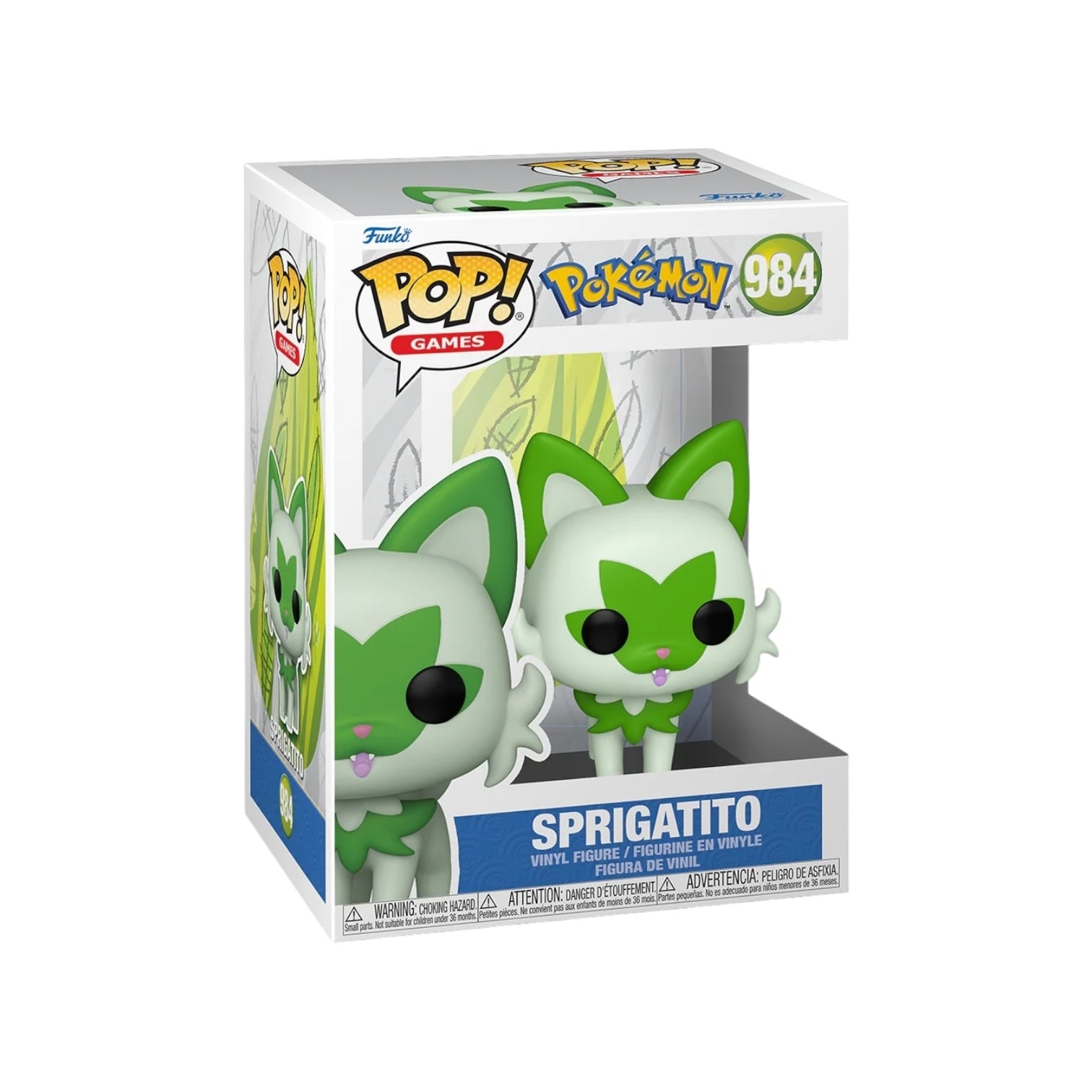 Sprigatito #984 Funko Pop! figure, a cute green Pokémon with large ears and a playful expression, standing on a base.