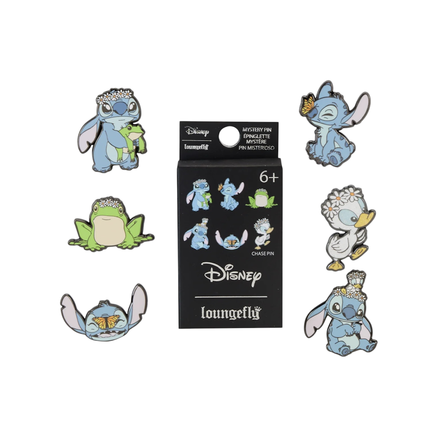 Colorful Disney Springtime Stitch pin from Loungefly, featuring Stitch surrounded by flowers and spring-themed designs.