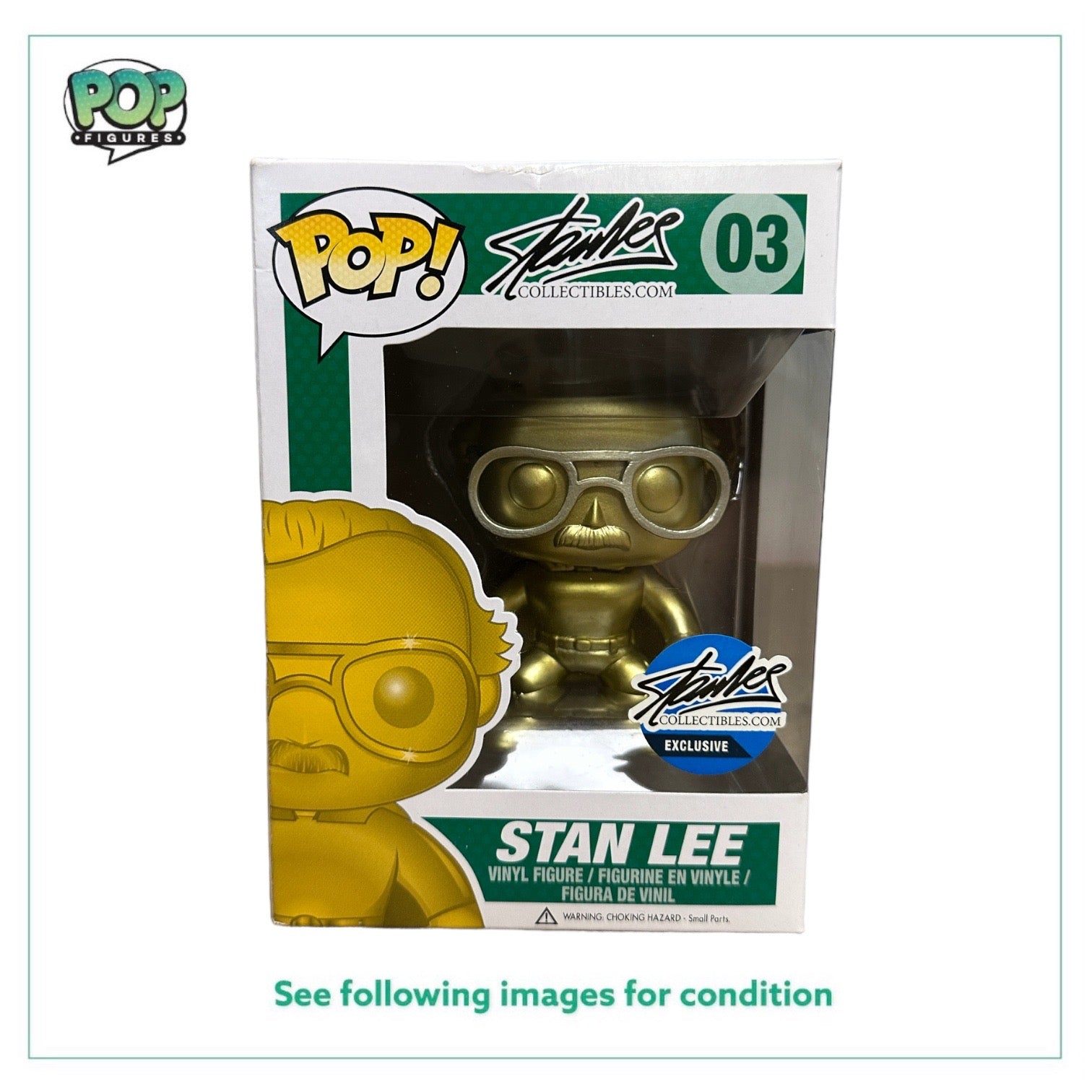 Funko Pop! Stan Lee #03 in superhero gold, exclusive from Stanleecollectibles.com, rated 7.5/10 for condition.