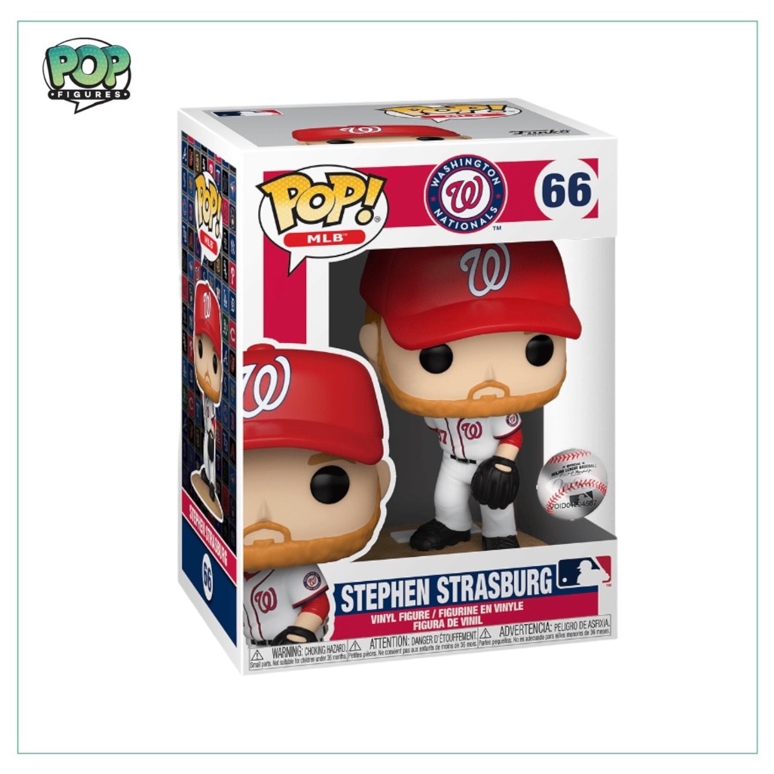 Stephen Strasburg Funko Pop! in home uniform, showcasing jersey #66, a collectible for MLB fans.