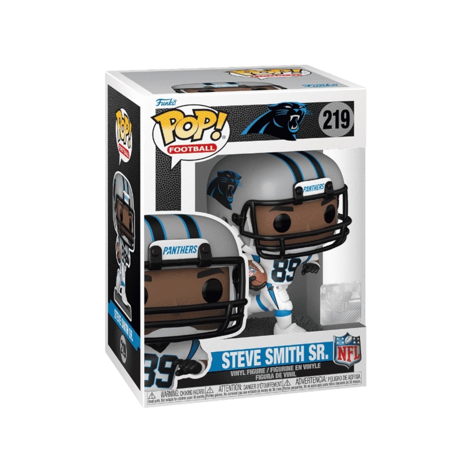 Funko Pop! of Steve Smith, #219, representing the Carolina Panthers in NFL gear, showcasing his iconic style.