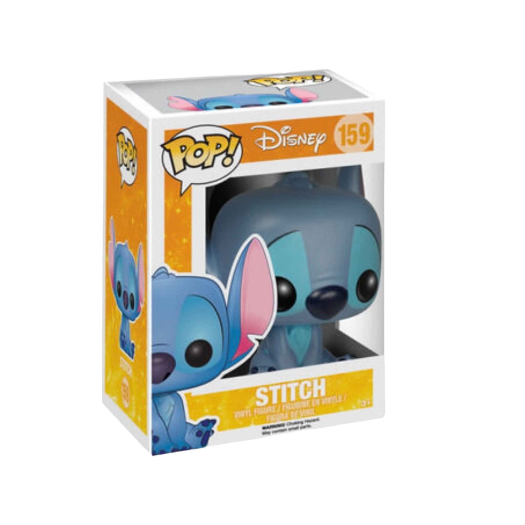 Funko Pop! of Stitch #159 from Disney Series 7, featuring Stitch seated with a playful expression and vibrant colors.