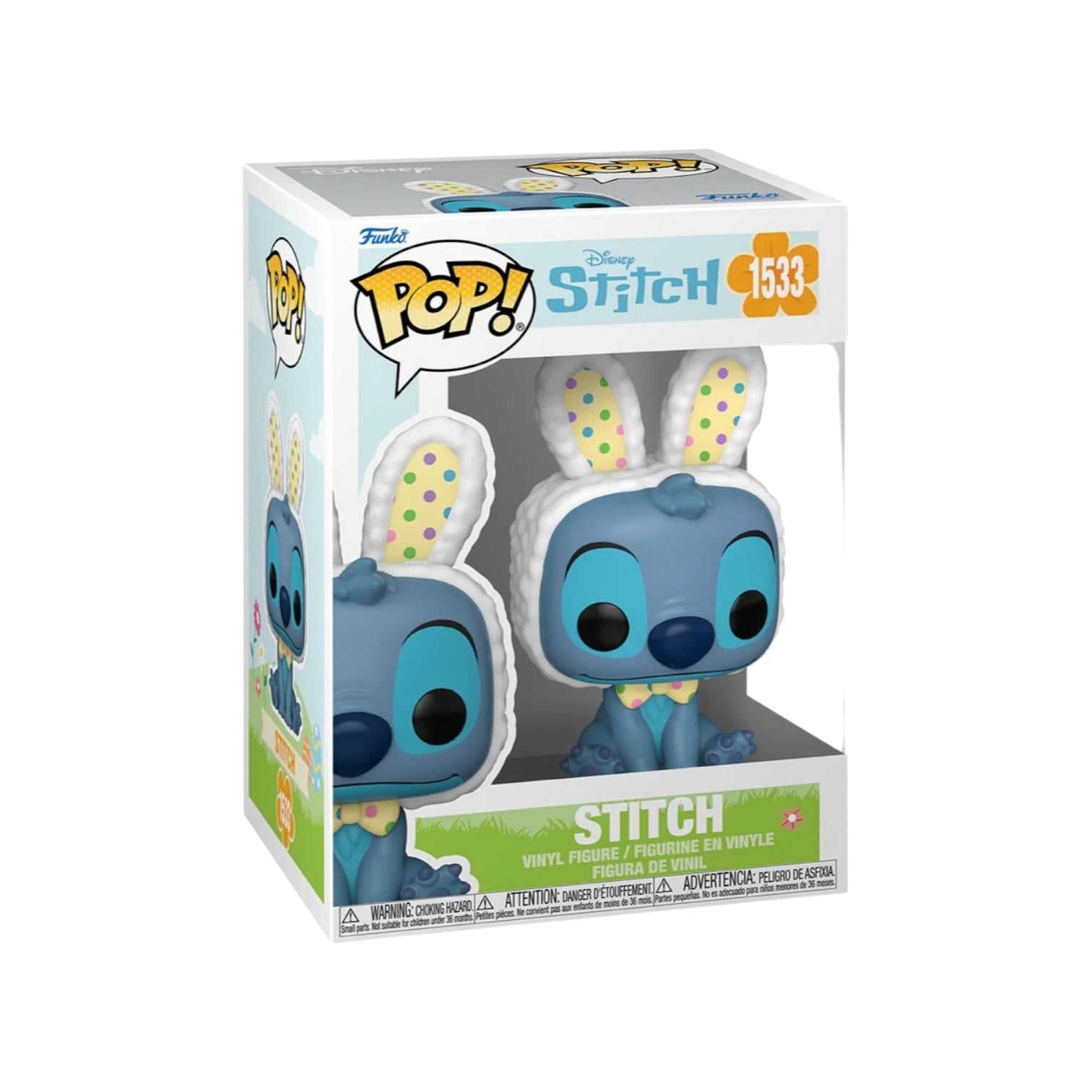 Adorable Stitch in the sitting position wearing bunny ears and bow tie.