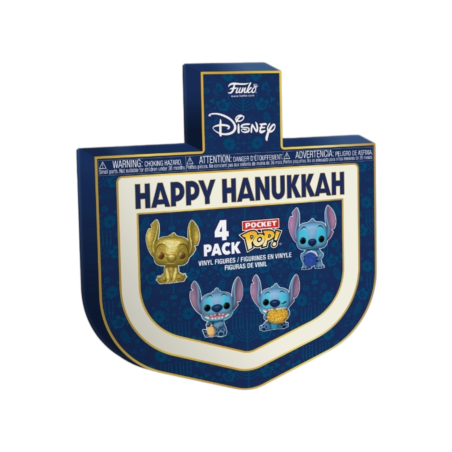 A colorful Funko Hanukkah pack with four Pocket Pop figures, all packed in a themed box showcasing Hanukkah symbols