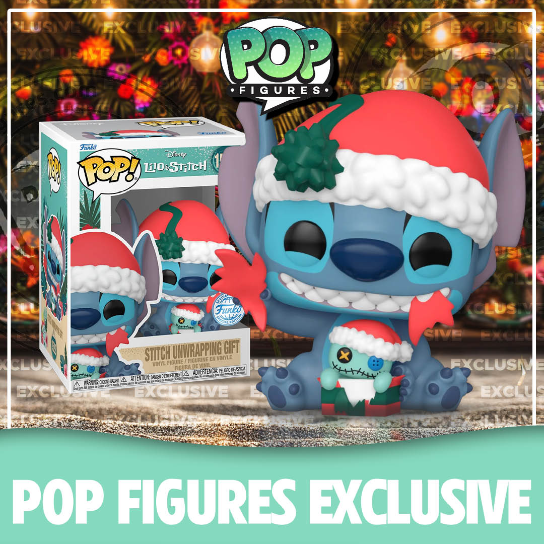Funko Pop! exclusive of Stitch joyfully unwrapping a gift, inspired by Disney's Lilo and Stitch.
