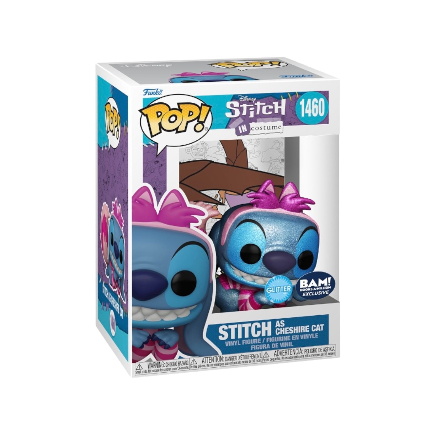 Funko Pop! of Stitch as Cheshire Cat, featuring glitter details, in a playful costume, exclusive to BAM!