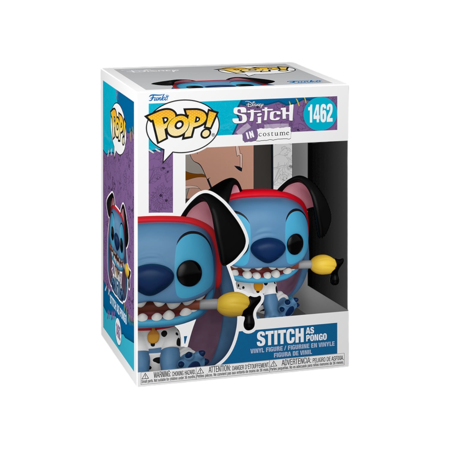 Funko Pop! Stitch dressed as Pongo, featuring a playful expression and colorful costume details.